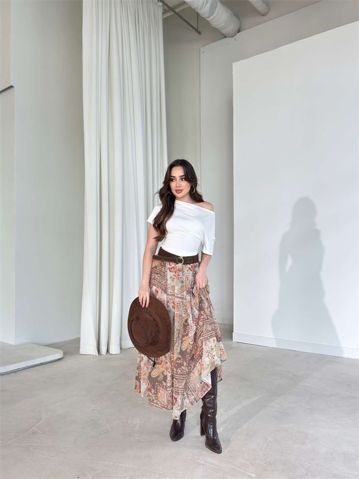 Desenli Süet Kemerli Tül Casandra Kahve Kadın Etek 26Y153