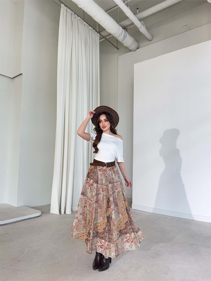 Desenli Süet Kemerli Tül Casandra Kahve Kadın Etek 26Y153