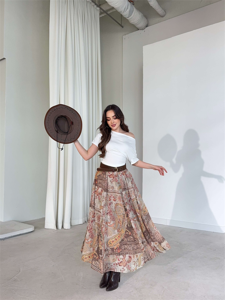 Desenli Süet Kemerli Tül Casandra Kahve Kadın Etek 26Y153