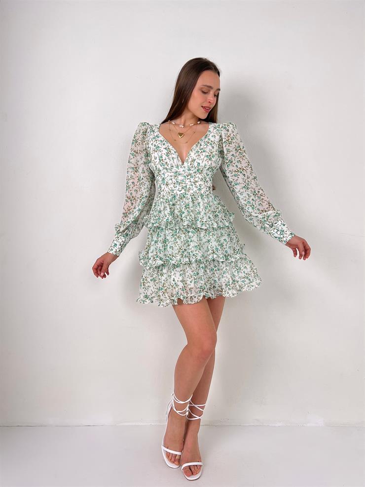 Derin V Yaka Uzun Tül Kol Sırt Dekolteli Cassie Kadın Beyaz Çiçekli Mini Elbise 23Y000088