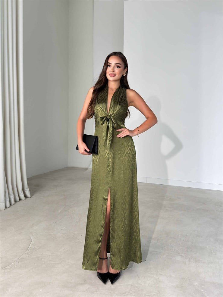 Önü Bağlamalı Yırtmaç Detaylı Maxi Boy Olive Cassie Kadın Elbise 26Y482