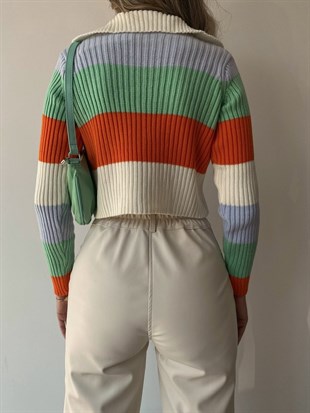 Çizgili Polo Yaka Cassie Kadın Renkli Triko Hırka 22K000257