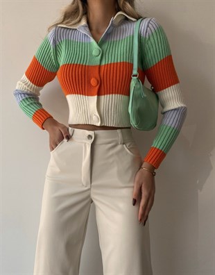 Çizgili Polo Yaka Cassie Kadın Renkli Triko Hırka 22K000257