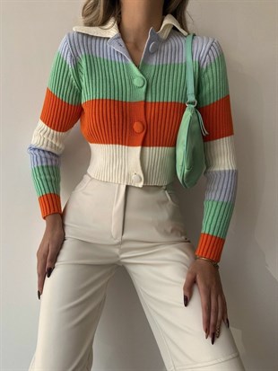 Çizgili Polo Yaka Cassie Kadın Renkli Triko Hırka 22K000257