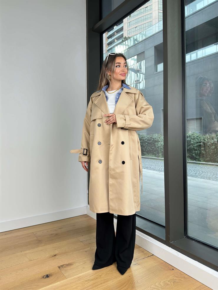 Düğmeli Belden Kuşaklı Castilo Taş Kadın Trençkot 25Y014