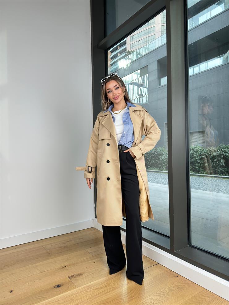 Düğmeli Belden Kuşaklı Castilo Taş Kadın Trençkot 25Y014