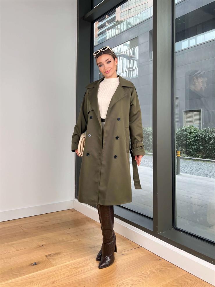 Düğmeli Belden Kuşaklı Castilo Haki Kadın Trençkot 25Y014