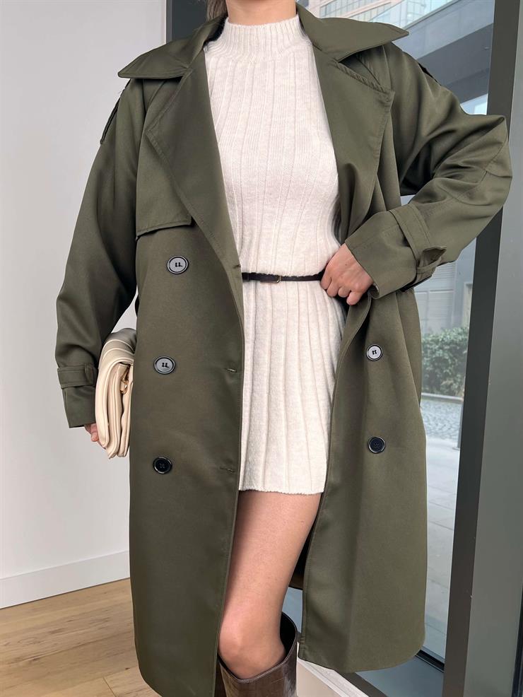 Düğmeli Belden Kuşaklı Castilo Haki Kadın Trençkot 25Y014