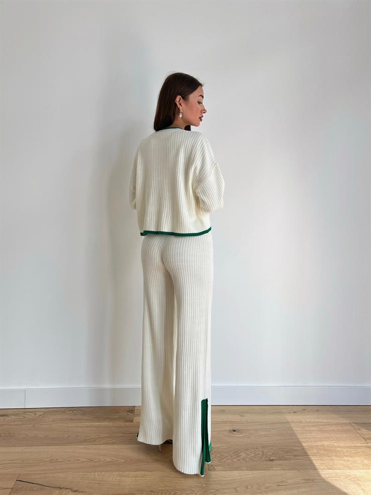 Bisiklet Yaka Crop Paçası Yırtmaçlı Bol Pantolon Cavalo Kadın Yeşil Çizgili Triko Takım 24k000070