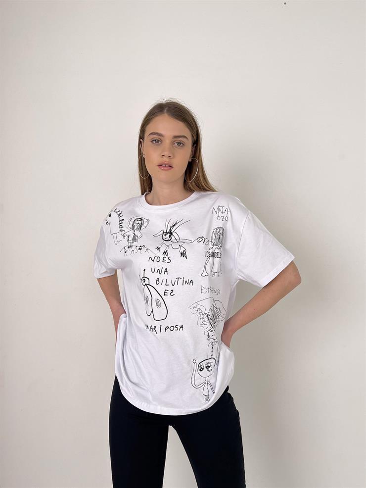 Önü Baskılı Ceka Kadın Beyaz Tişört 23Y000104