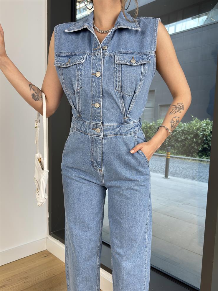 Kolsuz Önü Düğme Kapamalı Ceki Mavi Kadın Kot Tulum 25Y423