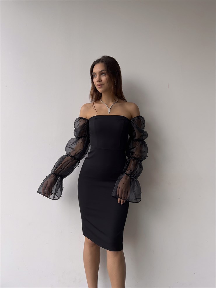 Omuz Lastikli Uzun Tül Kol Cemila Kadın Siyah Elbise 23K000318