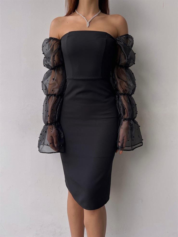 Omuz Lastikli Uzun Tül Kol Cemila Kadın Siyah Elbise 23K000318