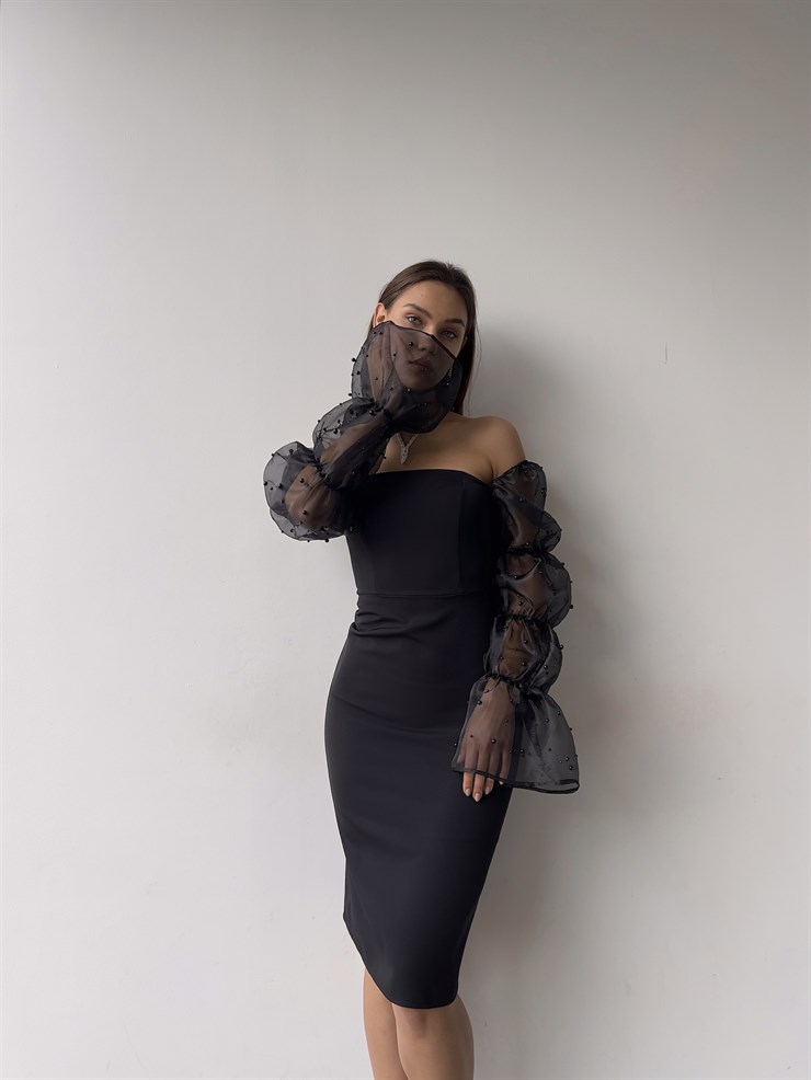 Omuz Lastikli Uzun Tül Kol Cemila Kadın Siyah Elbise 23K000318