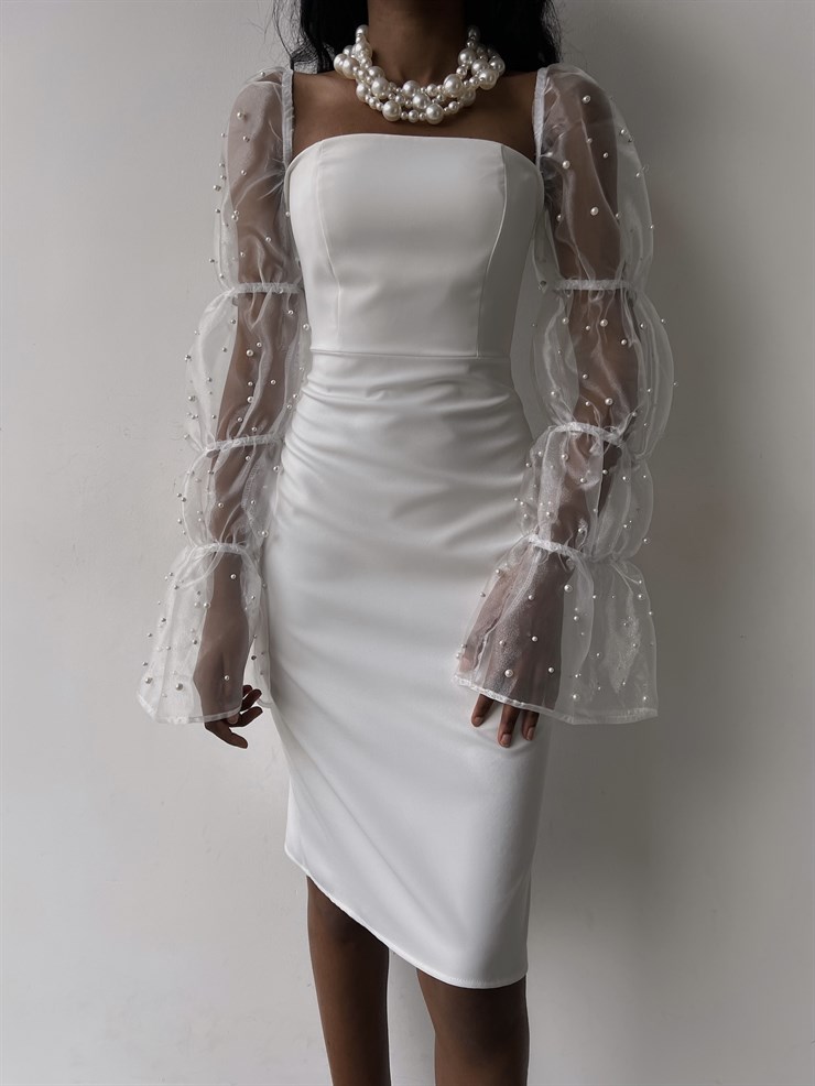 Omuz Lastikli Uzun Tül Kol Cemila Kadın Beyaz Elbise 23K000318