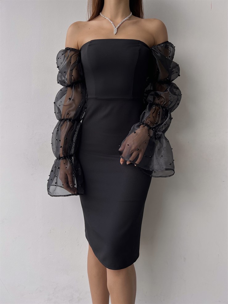 Omuz Lastikli Uzun Tül Kol Cemila Kadın Siyah Elbise 23K000318