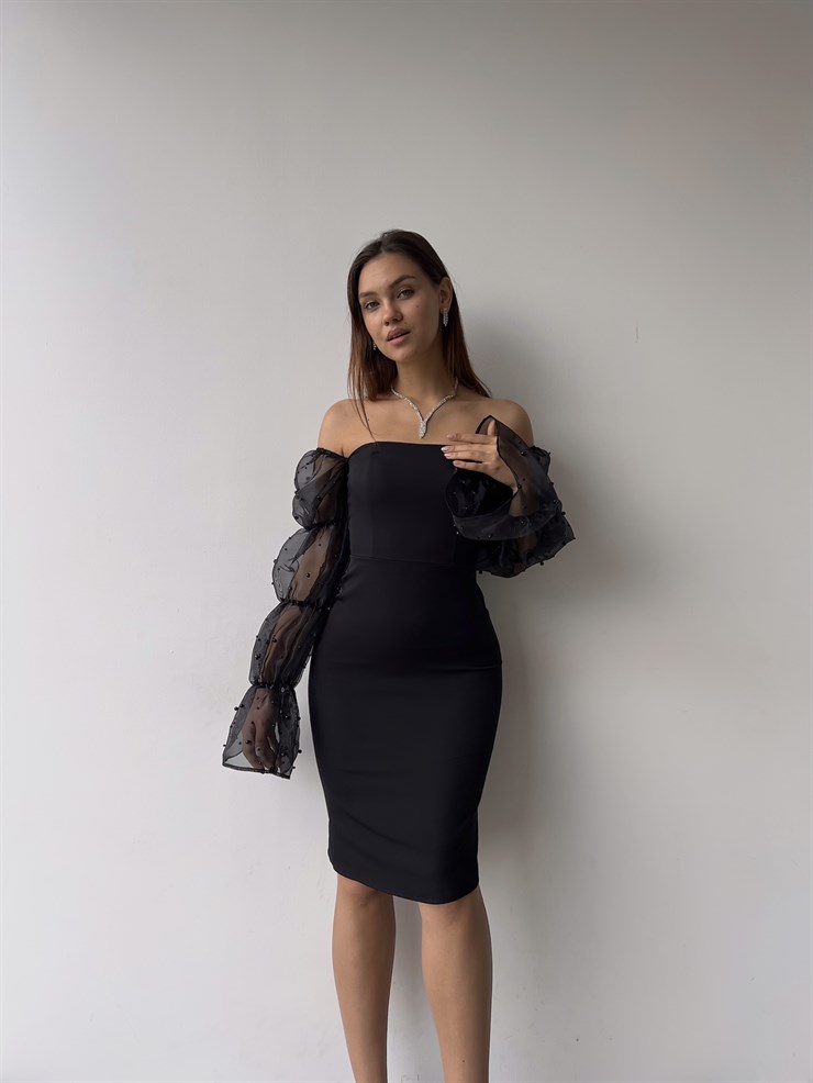 Omuz Lastikli Uzun Tül Kol Cemila Kadın Siyah Elbise 23K000318