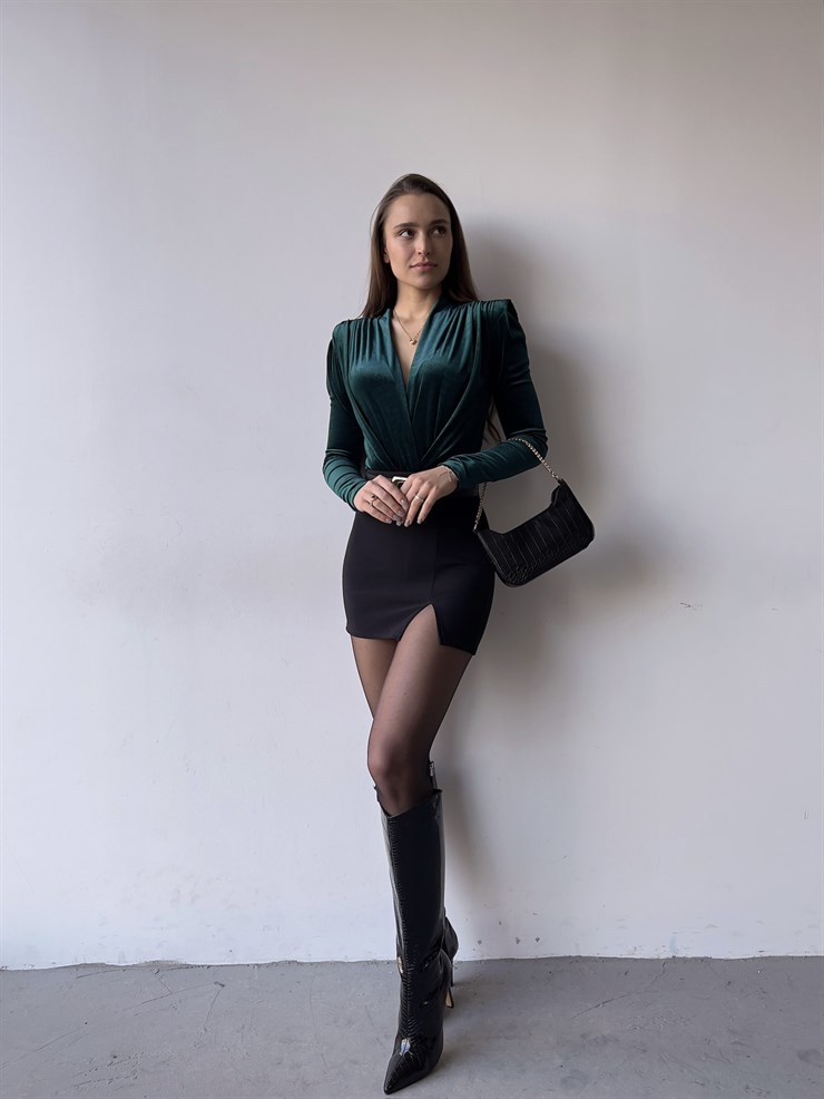 Kruvaze Yaka Kadife Uzun Kollu Cems Kadın Yeşil Bodysuit 23K000353