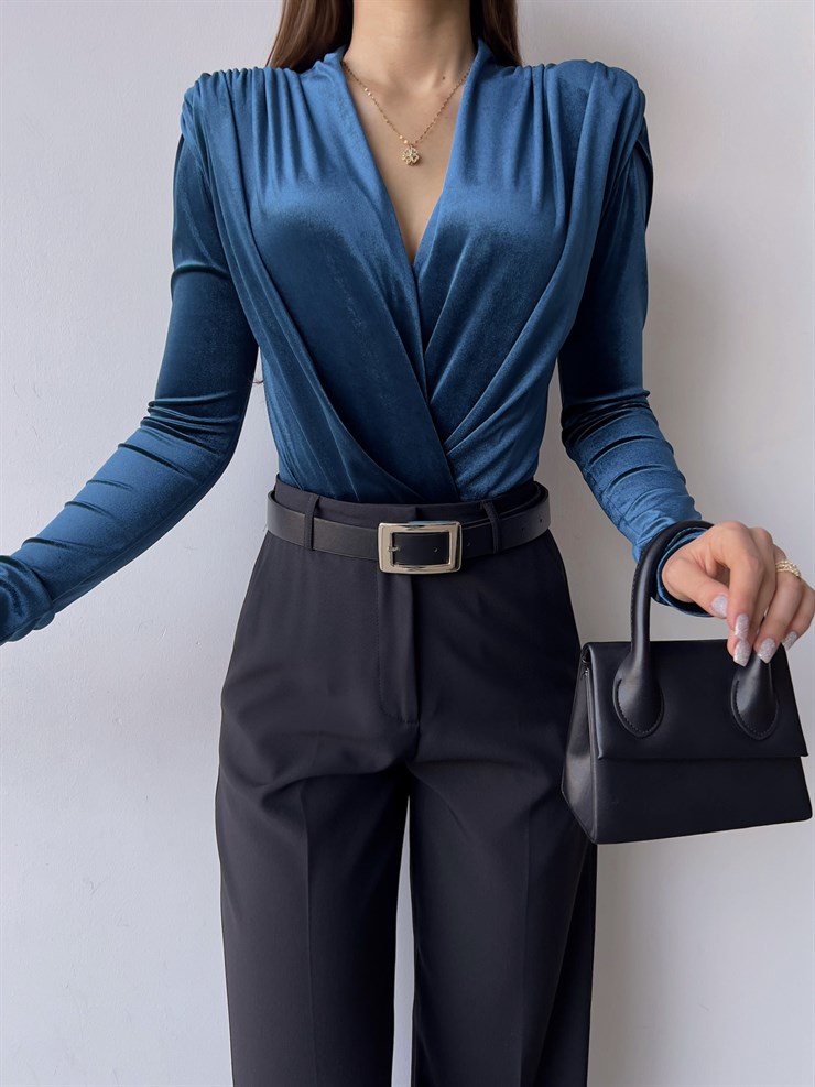 Kruvaze Yaka Kadife Uzun Kollu Cems Kadın Mavi Bodysuit 23K000353