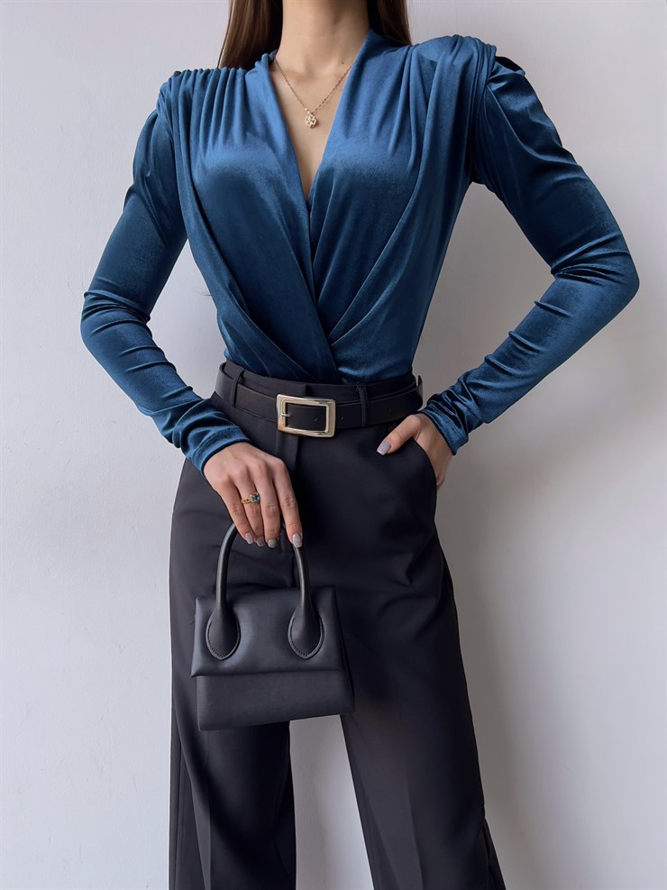 Kruvaze Yaka Kadife Uzun Kollu Cems Kadın Mavi Bodysuit 23K000353