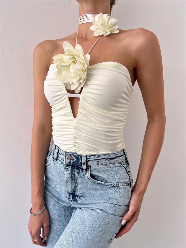 Drape Detaylı Boyundan Bağlamalı Cena Kadın Ekru Gül Detaylı Crop 23Y000368