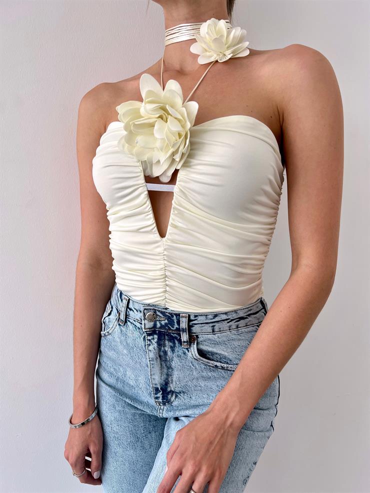 Drape Detaylı Boyundan Bağlamalı Cena Kadın Ekru Gül Detaylı Crop 23Y000368