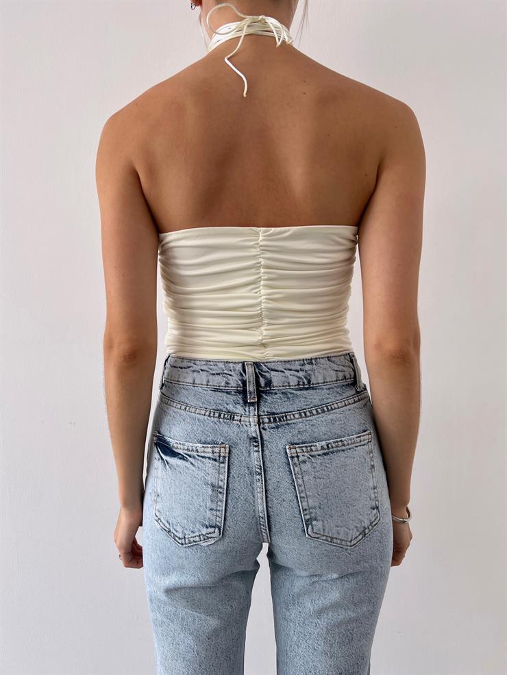 Drape Detaylı Boyundan Bağlamalı Cena Kadın Ekru Gül Detaylı Crop 23Y000368