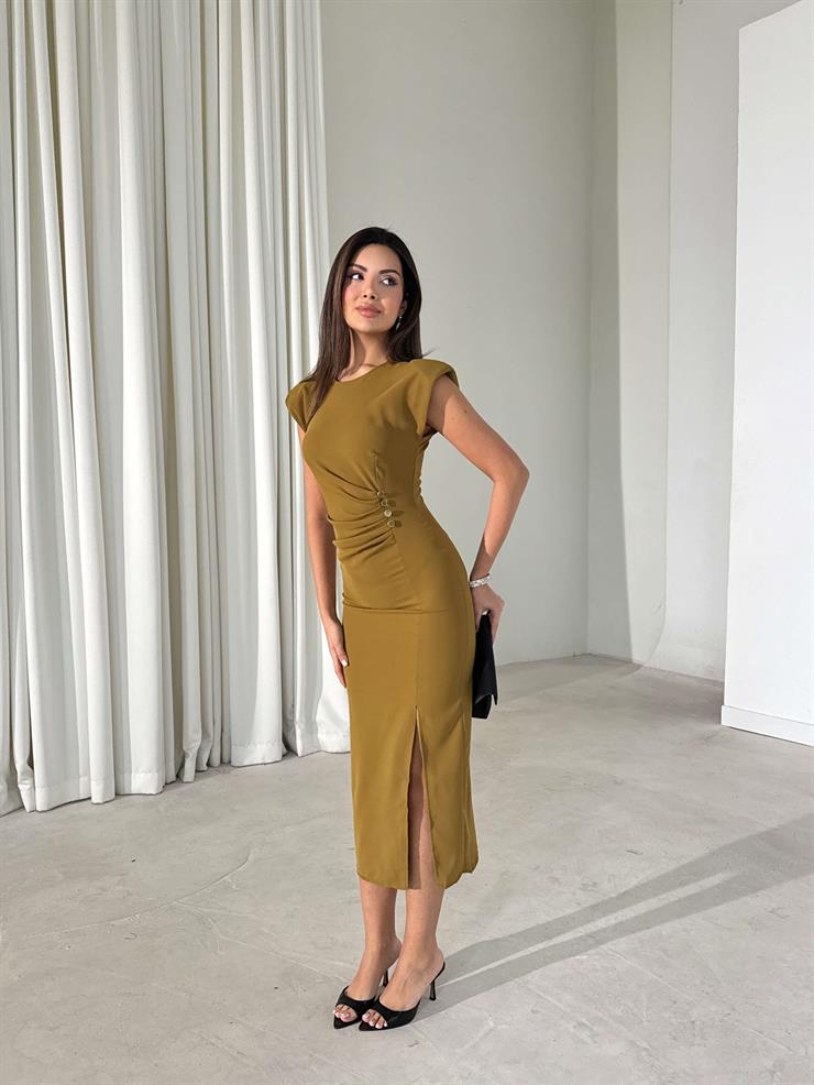 Düğme Detaylı Vatkalı Drapeli Yırtmaçlı Cenkli Yağ Yeşili Kadın Elbise 26K394