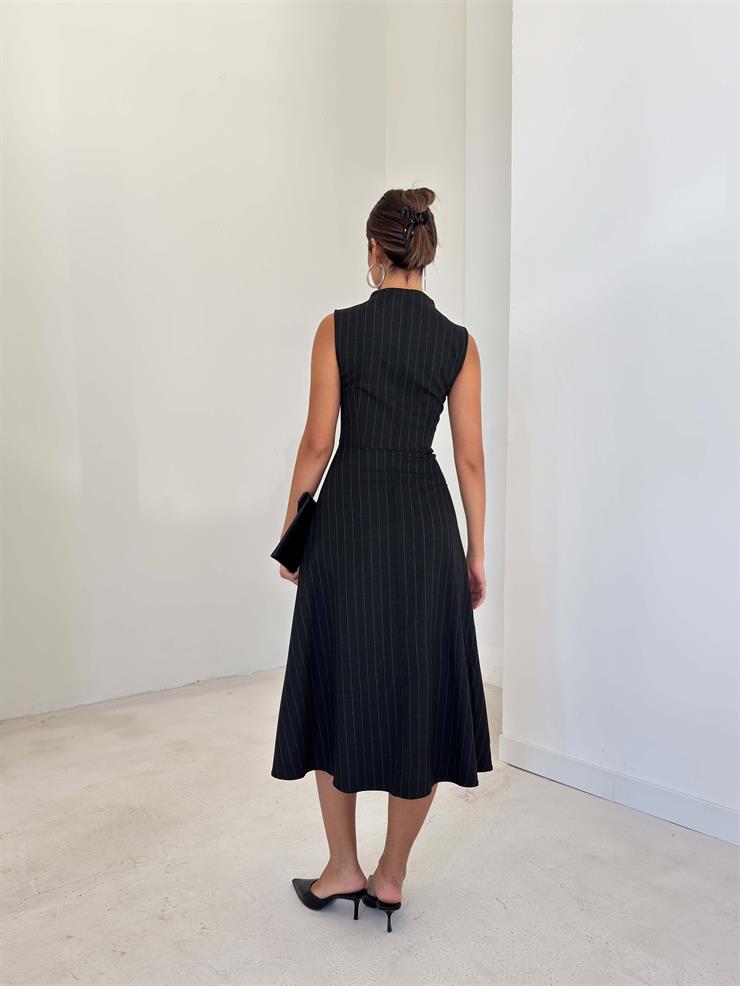 Çizgili V Kesim Dik Yaka Cenli Siyah Kadın Elbise 26K106