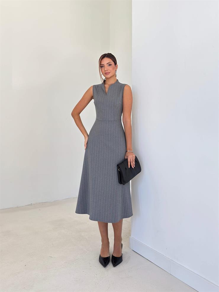 Çizgili V Kesim Dik Yaka Cenli Gri Kadın Elbise 26K106