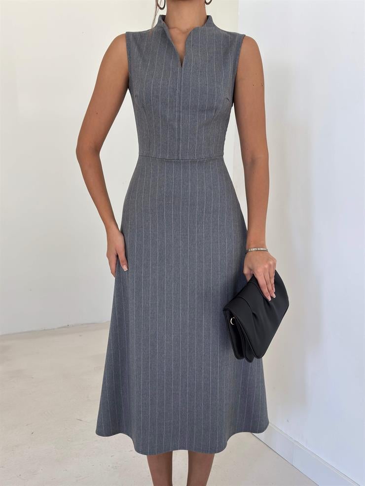 Çizgili V Kesim Dik Yaka Cenli Gri Kadın Elbise 26K106