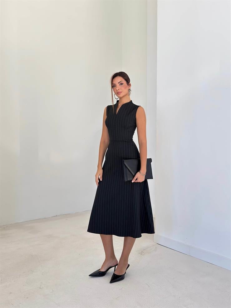 Çizgili V Kesim Dik Yaka Cenli Siyah Kadın Elbise 26K106