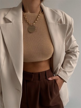 Vatkalı Cep Detaylı Kadın Taş Blazer Ceket 22K000033