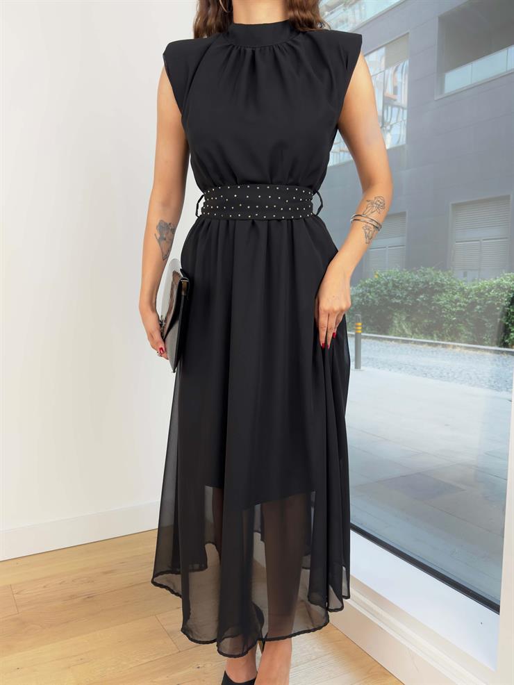 Kolsuz Omuz Vatkalı Bel Kısmı Boncuk Detaylı Ve Bağlamalı Chaib Kadın Siyah Elbise 24Y733