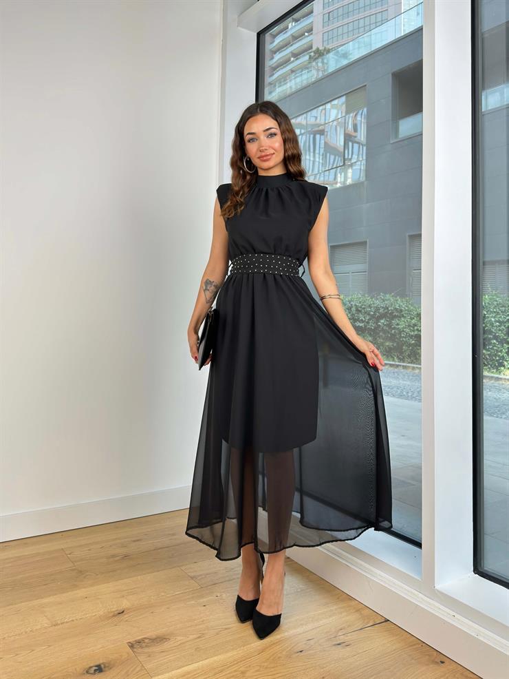 Kolsuz Omuz Vatkalı Bel Kısmı Boncuk Detaylı Ve Bağlamalı Chaib Kadın Siyah Elbise 24Y733