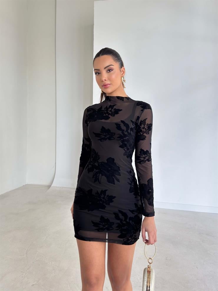 Desenli Tül Uzun Kol Mini Astarlı Charlotte Siyah Kadın Elbise 26K364
