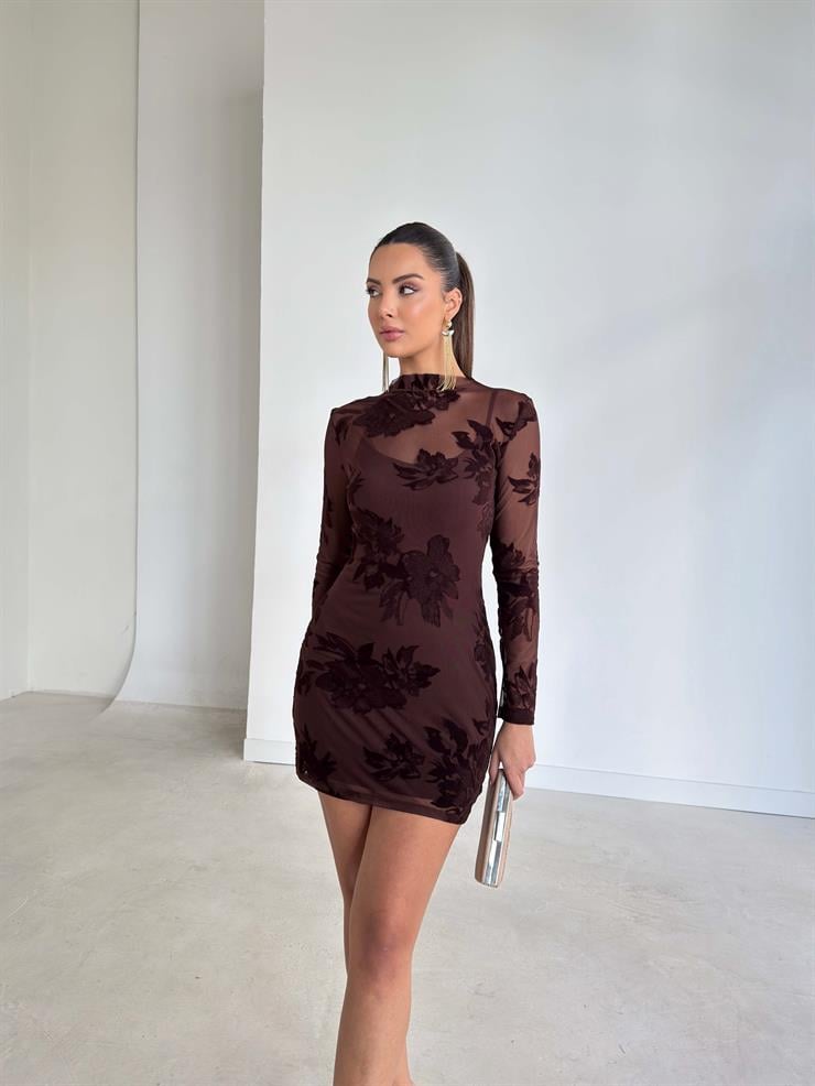 Desenli Tül Uzun Kol Mini Astarlı Charlotte Kahve Kadın Elbise 26K364