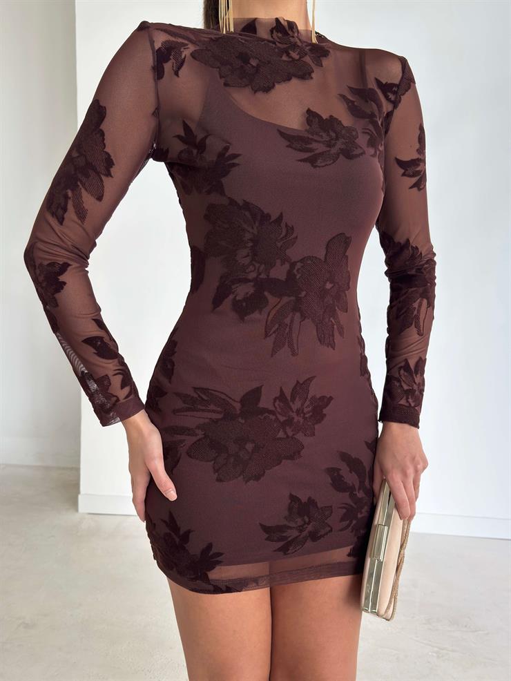 Desenli Tül Uzun Kol Mini Astarlı Charlotte Kahve Kadın Elbise 26K364