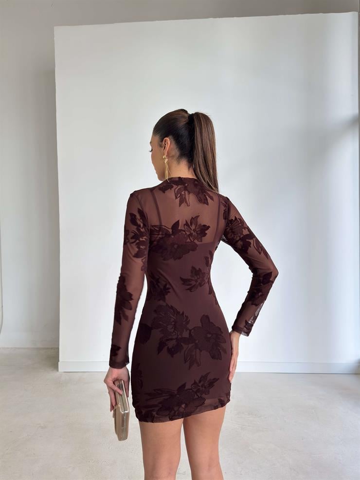 Desenli Tül Uzun Kol Mini Astarlı Charlotte Kahve Kadın Elbise 26K364
