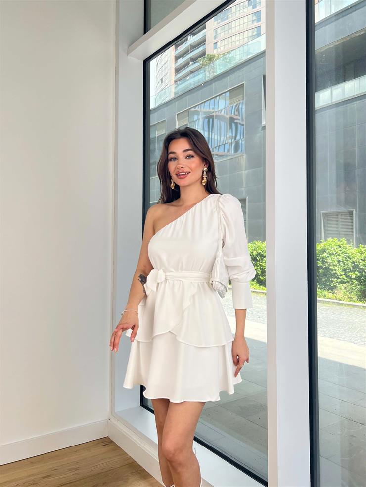 Tek Kol Belden Kuşaklı Chase Kadın Ekru Mini Elbise 24Y261