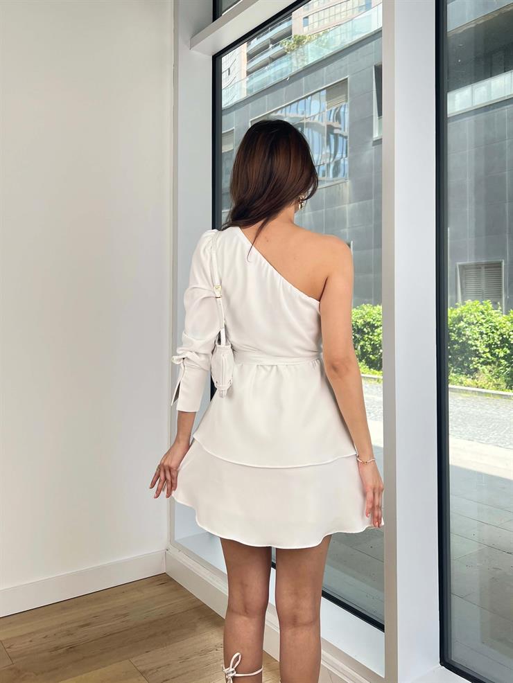 Tek Kol Belden Kuşaklı Chase Kadın Ekru Mini Elbise 24Y261