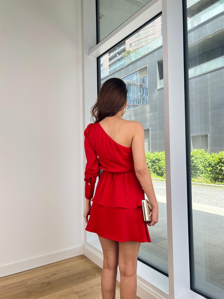 Tek Kol Belden Kuşaklı Chase Kadın Kırmızı Mini Elbise 24Y261