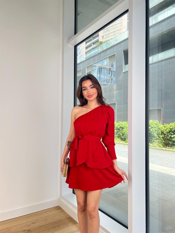 Tek Kol Belden Kuşaklı Chase Kadın Kırmızı Mini Elbise 24Y261