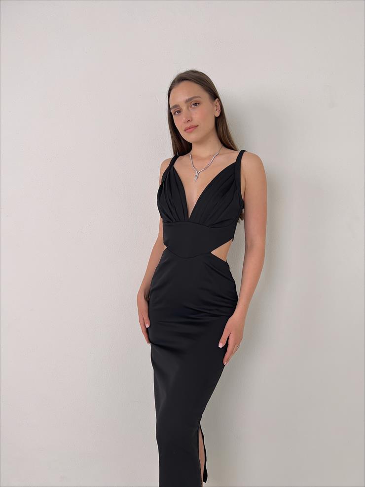 Askılı Derin V Yaka Beli Pencere Detaylı Cherri Kadın Siyah Midi Elbise 23Y000076