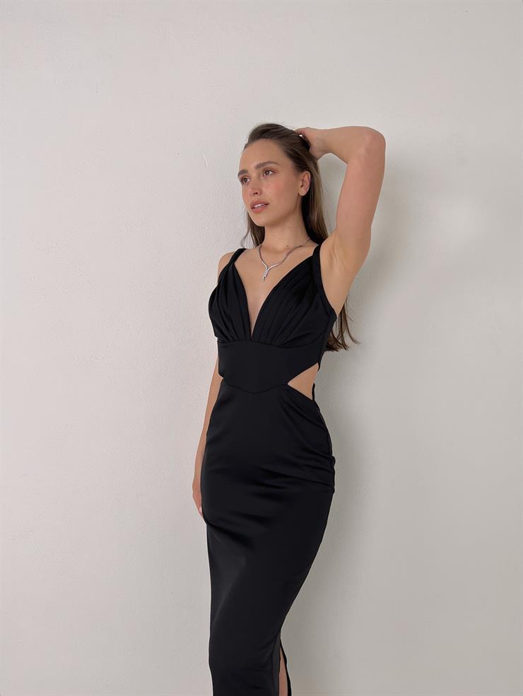 Askılı Derin V Yaka Beli Pencere Detaylı Cherri Kadın Siyah Midi Elbise 23Y000076