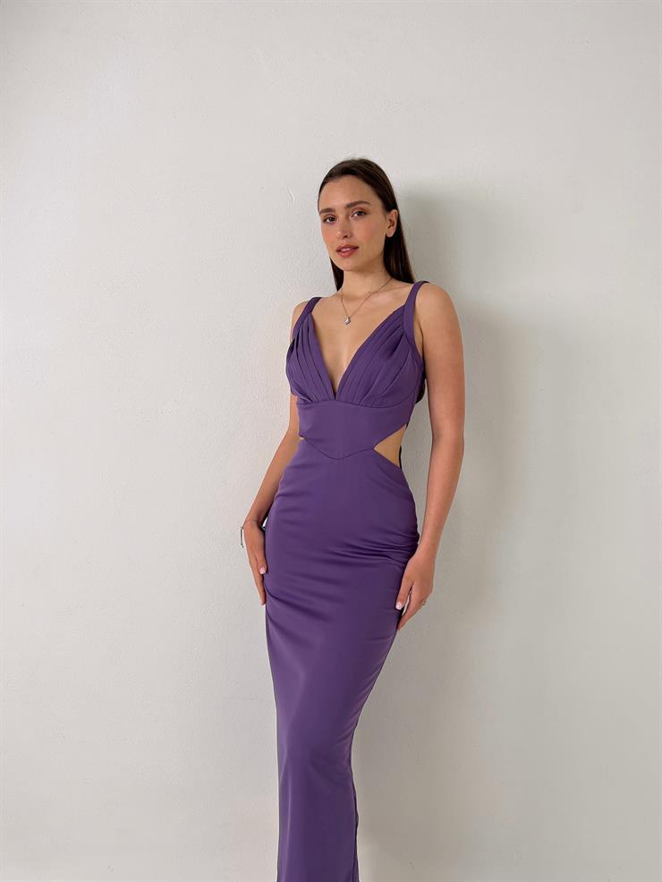Askılı Derin V Yaka Beli Pencere Detaylı Cherri Kadın Mor Midi Elbise 23Y000076