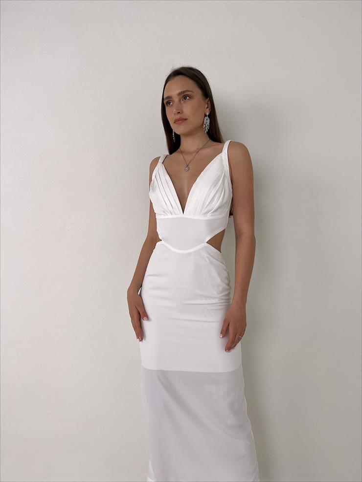 Askılı Derin V Yaka Beli Pencere Detaylı Cherri Kadın Beyaz Midi Elbise 23Y000076