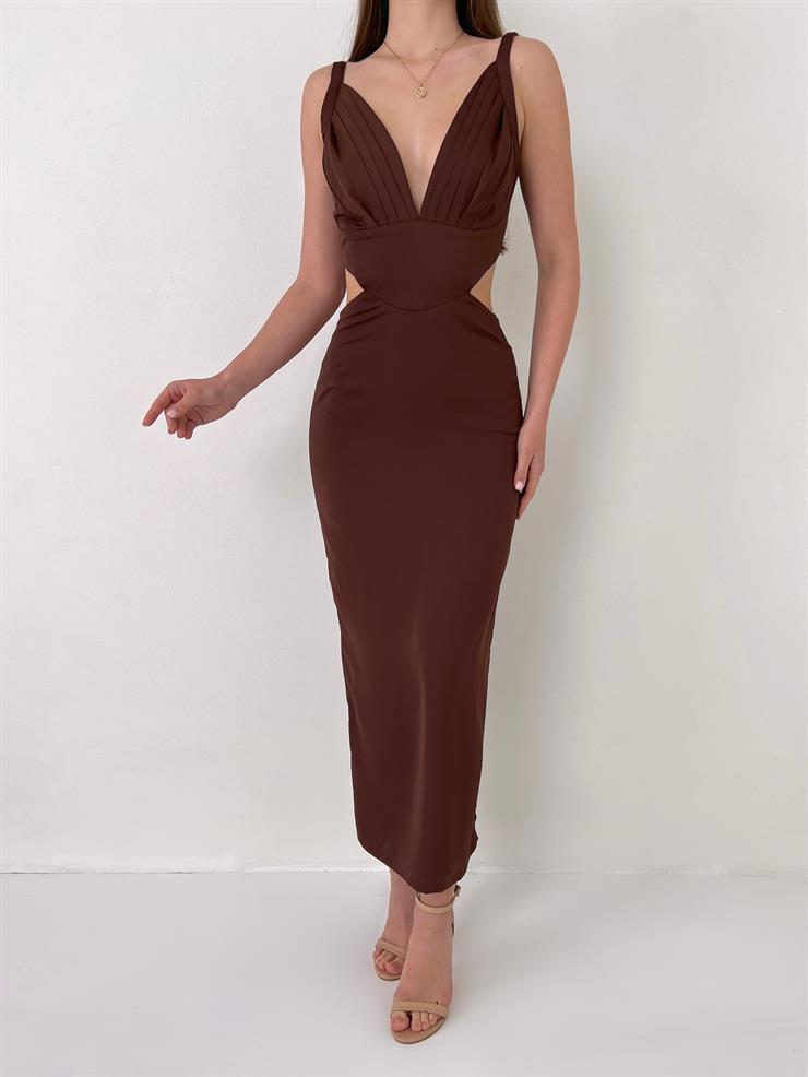 Askılı Derin V Yaka Beli Pencere Detaylı Cherri Kadın Kahverengi Midi Elbise 23Y000076