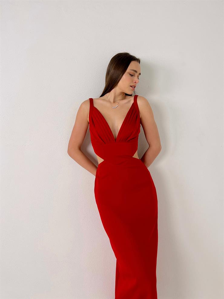 Askılı Derin V Yaka Beli Pencere Detaylı Cherri Kadın Kırmızı Midi Elbise 23Y000076