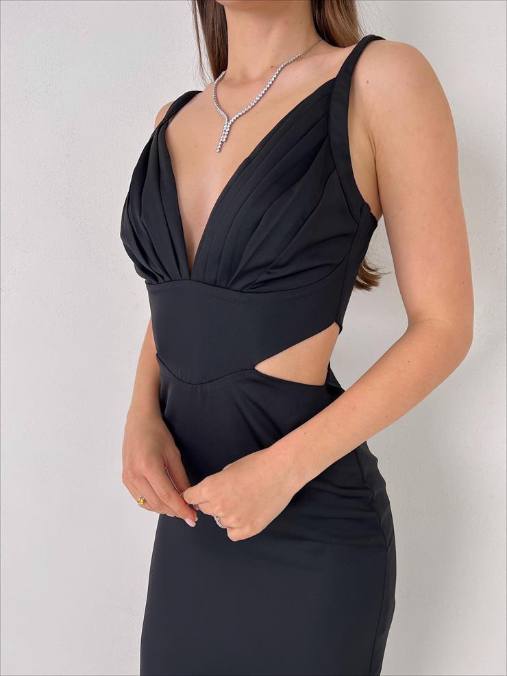 Askılı Derin V Yaka Beli Pencere Detaylı Cherri Kadın Siyah Midi Elbise 23Y000076